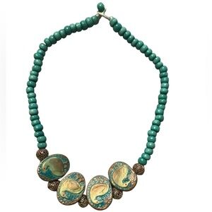 Turquoise Beaded Necklace With Ceramic Bird Beads